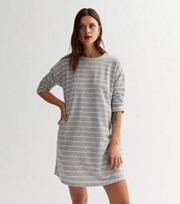 New Look Light Grey Stripe Jersey Long Sleeve Mini Dress